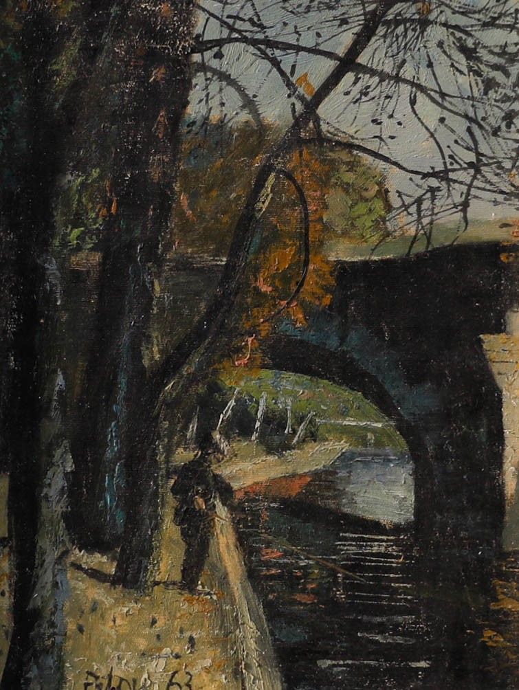 Pilou Framed Mid 20th Century Oil, Fishing Near The Bridge photo furniture