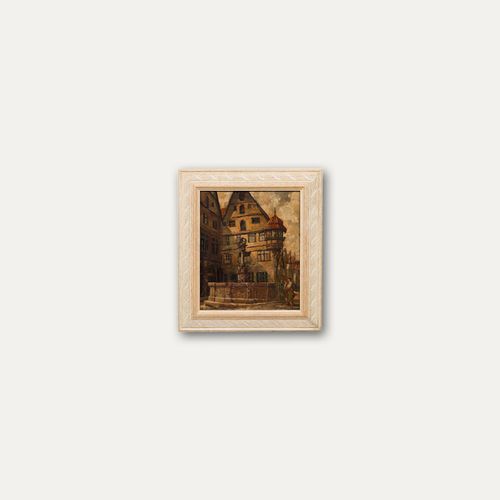 Framed Mid 20th Century Oil St George's Fountain, Rothenburg photo vinterior
