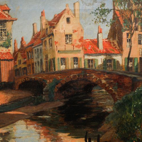 Marten Ven Der Loo (1880 1920) Belgian Oil, View Of An Old Bridge In Bruges photo Art