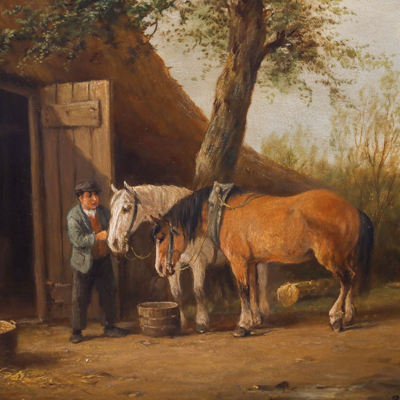 German School Framed Early 20th Century Oil A Farmer Feeding Horses photo Art