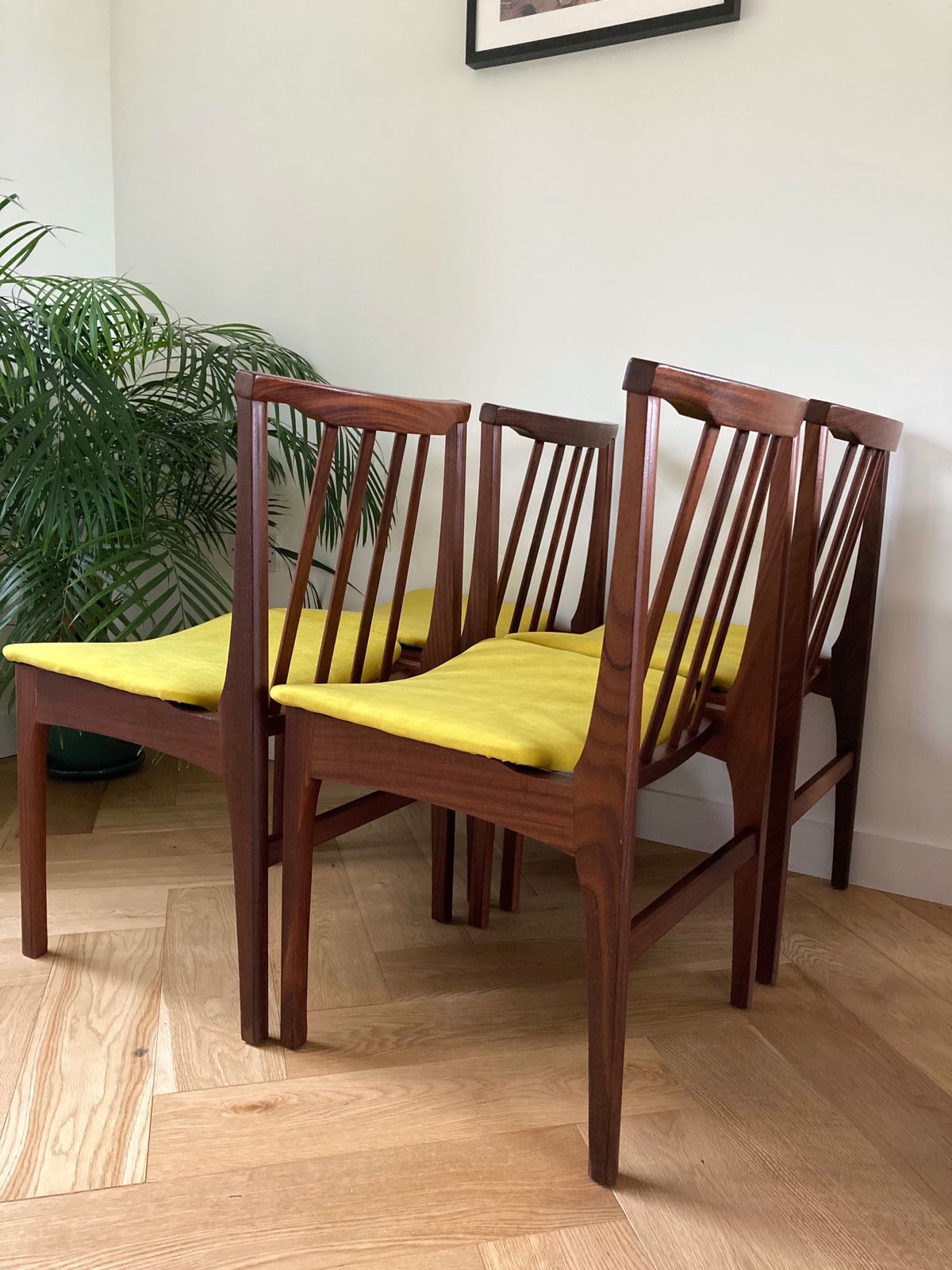Vintage Mid Century Wooden Chairs X4 Yellow Velvet Seats