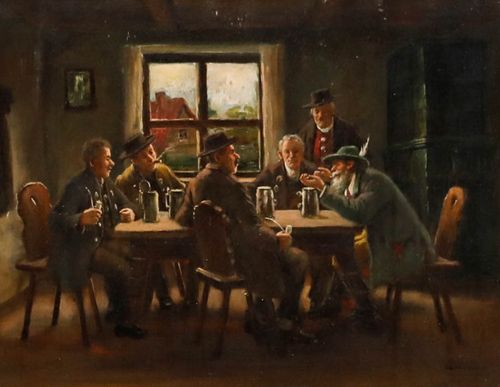 Bruno Blätter Framed 19th Century Oil, A Tankard With Friends photo furniture