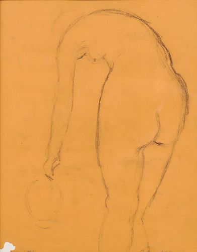 Anton Gold (1914 1970) Mid 20th Century Charcoal Drawing, Stretching Nude photo furniture