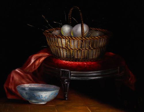 Herdin Radke (B.1943) Framed 20th Century Oil, Still Life With Egg Basket photo furniture