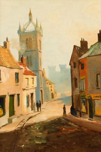 P. Wood Early 20th Century Oil, Church Street At Dawn photo furniture
