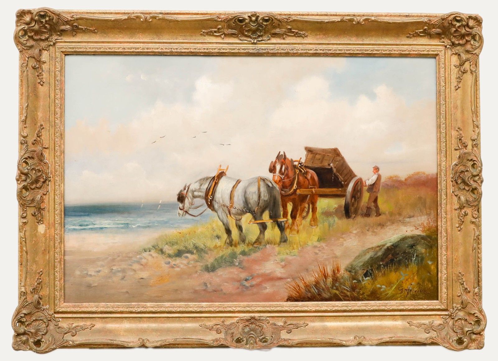 G. Melville  Early 20th Century Oil, Shire Horses By The Coast