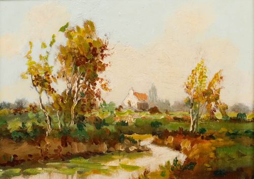 Attrib. Johan Meyer (1885 1970) C.1965 Oil, Church By The Stream photo furniture