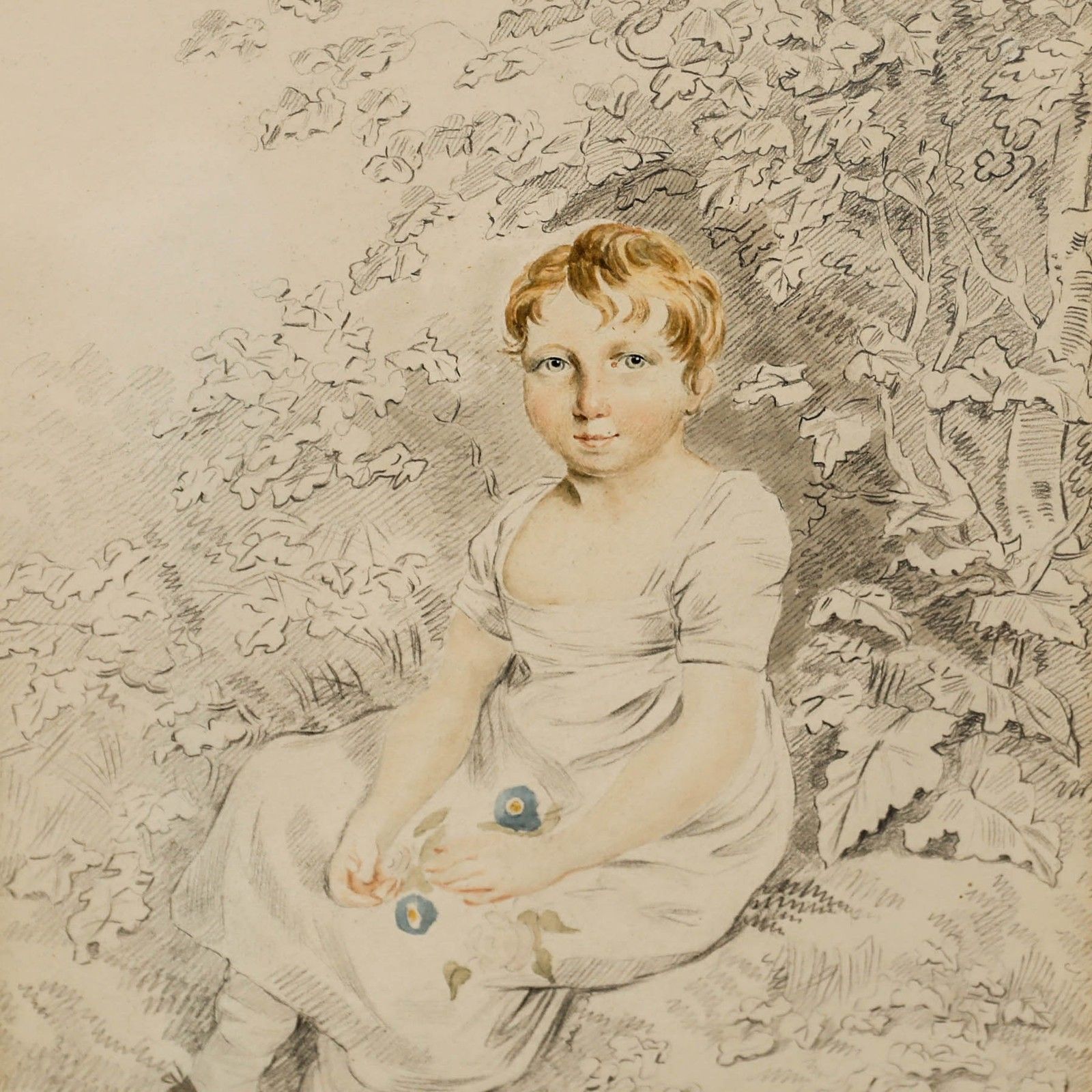 19th Century Watercolour Child Holding Flowers photo Art