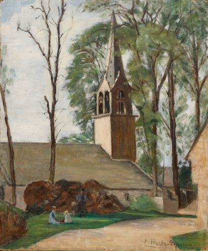 Cecile Hertz Eyrolles (1875 1974) Mid 20th Century Oil, By The Church photo furniture