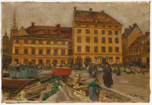 Axel Erdmann (1873 1954) Early 20th Century Oil, A Busy Market In Stockholm