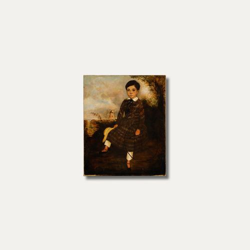 English School Folk Art  Early 19th Century Oil Young Boy In Plaid photo buy