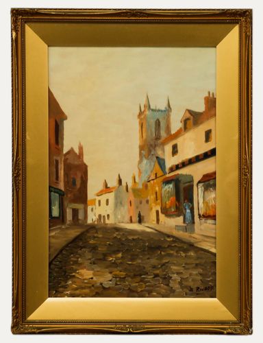 P. Wood Early 20th Century Oil, Morning On The Cobbled Street