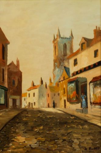 P. Wood Early 20th Century Oil, Morning On The Cobbled Street photo furniture