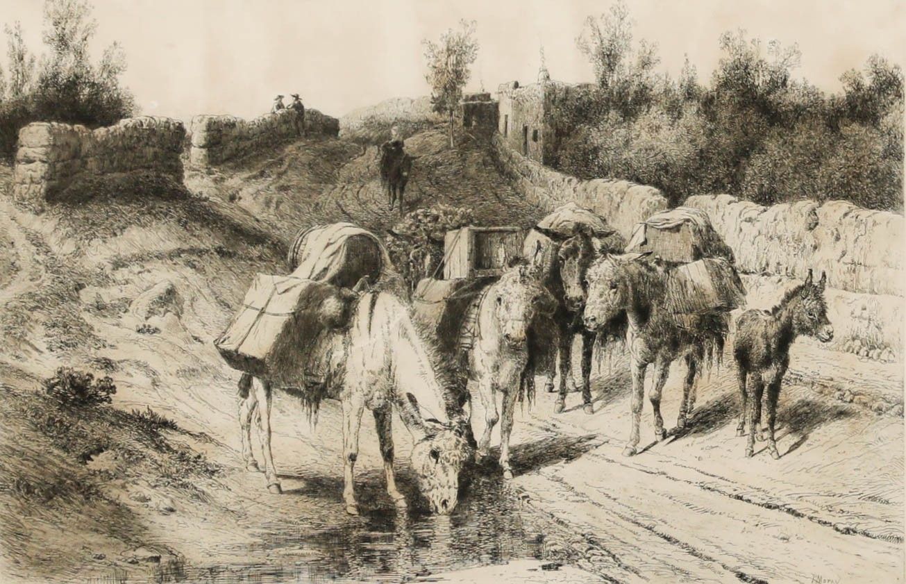 Peter Moran (1841 1914) Framed Etching, On The Road To Santa Fe photo furniture