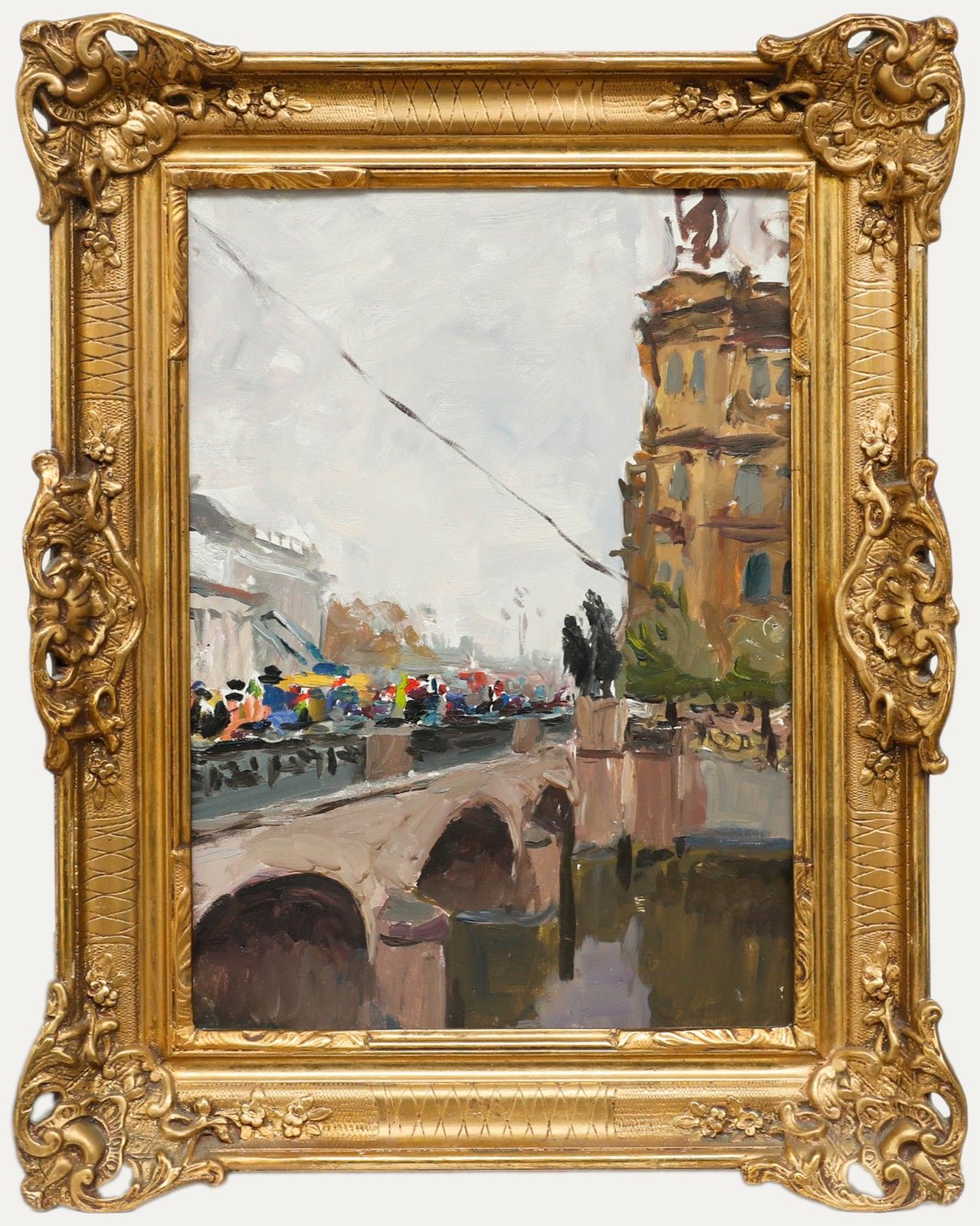 M. Kazehko Framed 20th Century Oil, Crowds On The Town Bridge