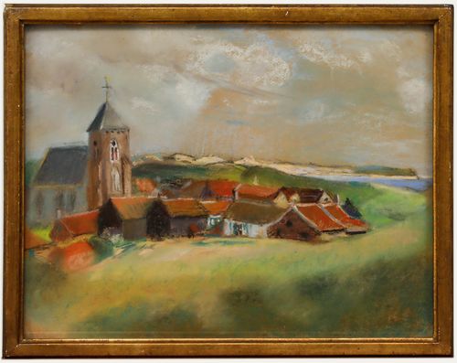 Cecile Hertz Eyrolles (1875 1974) Framed Pastel, A Coastal Hamlet