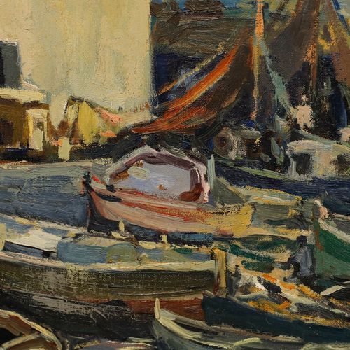 N. Peral Mid 20th Century Oil, Fisherman's Port, Barcelona photo Art