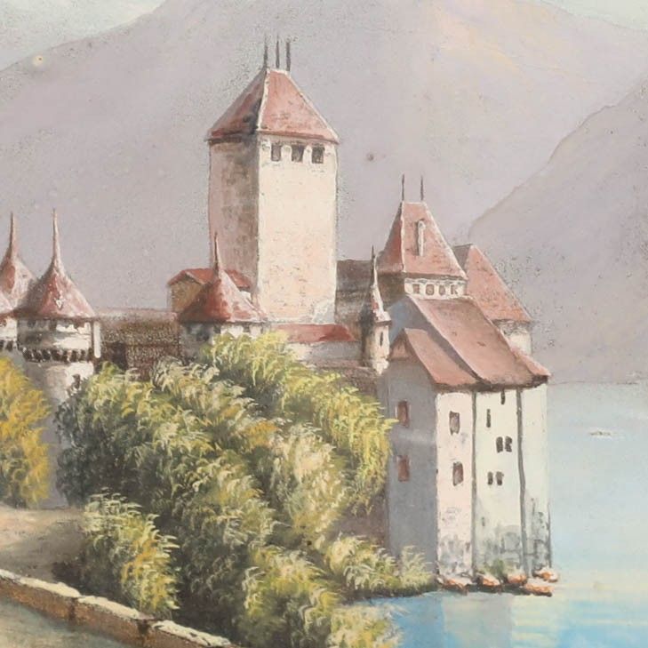 Swiss School Late 19th Century Gouache Chillon Castle photo Art