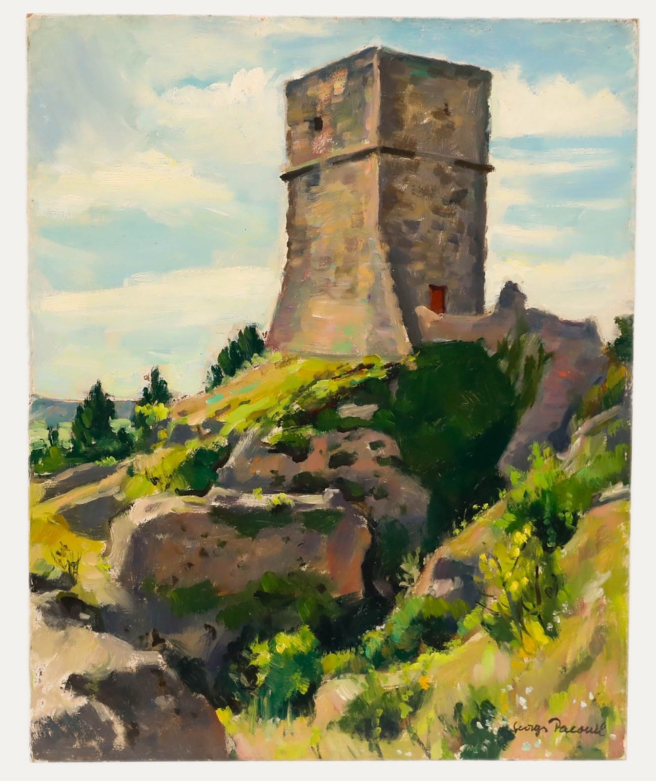 Georges Pacouil (1903 1996) Mid 20th Century Oil, The Watchtower, Le Cayler photo furniture