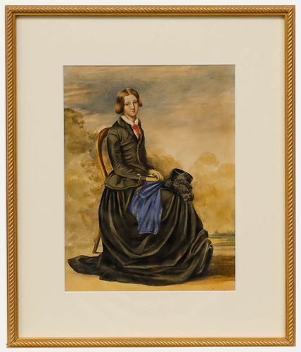 Framed Late 19th Century Watercolour Portrait Of A Lady In Mourning