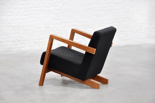 Dutch Modernist Low Profile Armchair In Black Upholstery, 1950s photo for sale