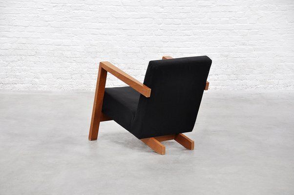 Dutch Modernist Low Profile Armchair In Black Upholstery, 1950s photo vinterior