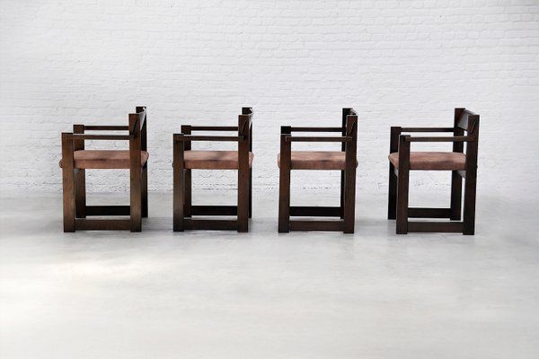 Italian Architectural Dining Chairs In Stained Wood, 1960s, Set Of 4 photo furniture
