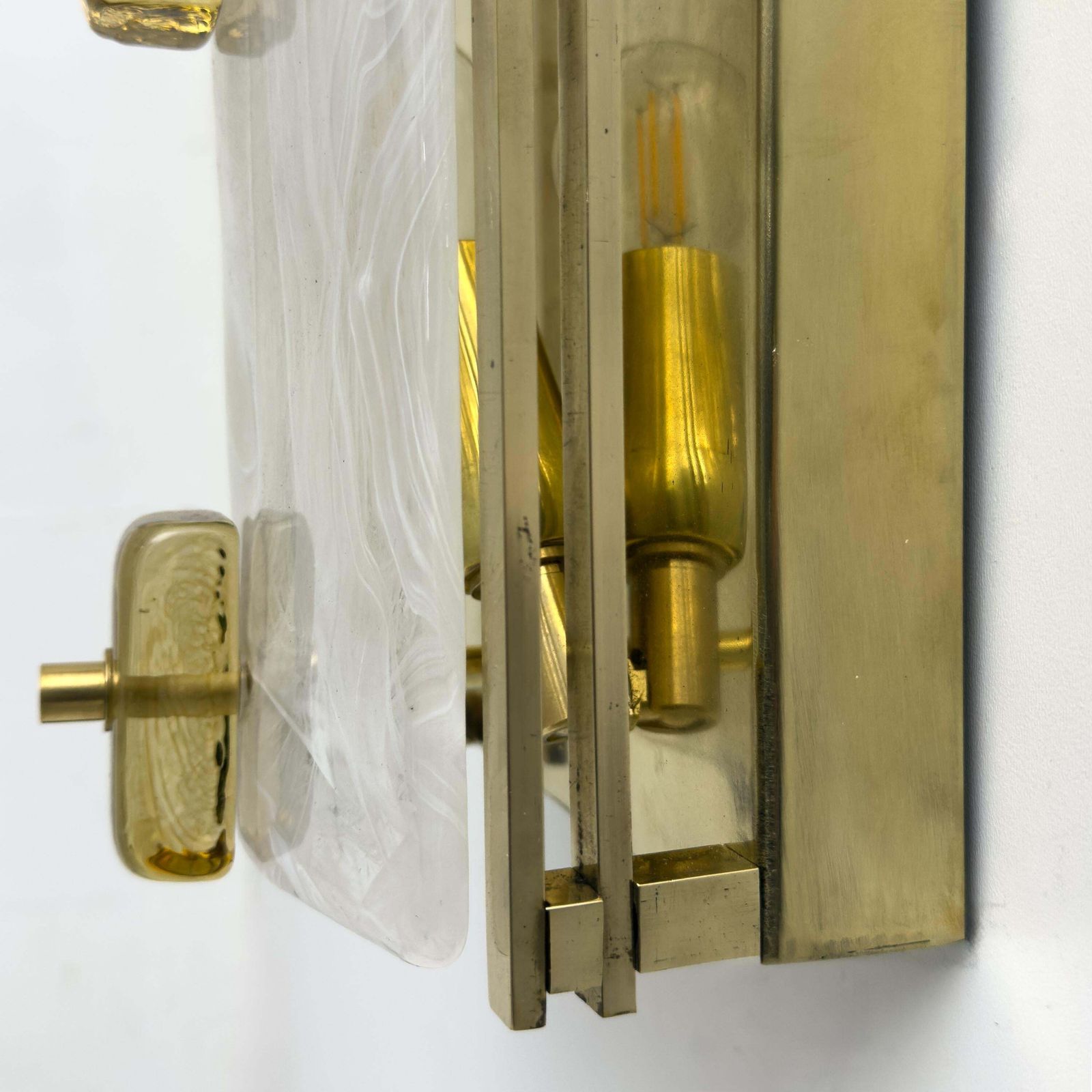 Lighting Pair Of Modern Sconces In Brass And Milk White Murano Glass And Amber Glass photo
