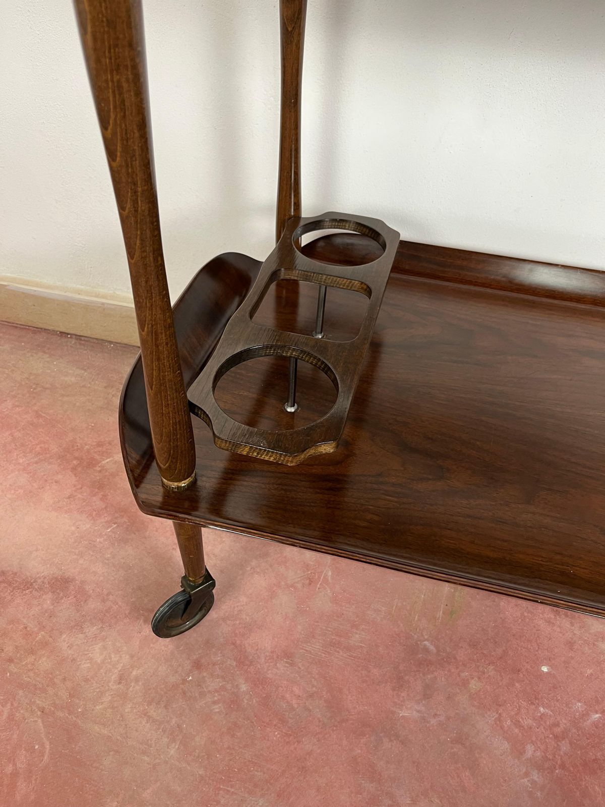 1609.0 Mid Century Italian Curved Wood Bar Cart, Brass Accessories 1950s photo