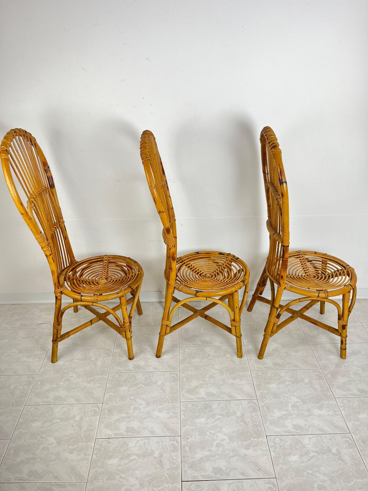 Set Of 3 Mid Century Bamboo  Chairs With Fan Backs Italian Design  1950s photo furniture