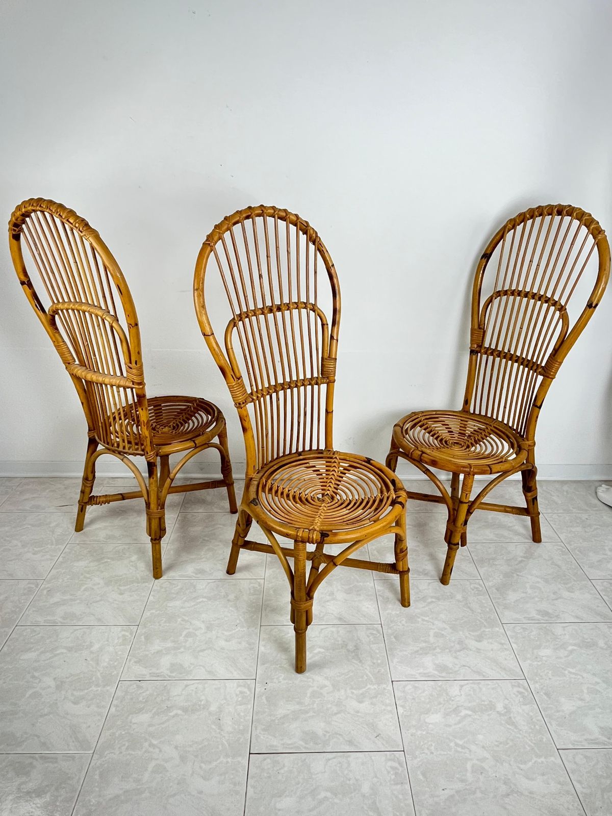 Set Of 3 Mid Century Bamboo  Chairs With Fan Backs Italian Design  1950s photo Furniture