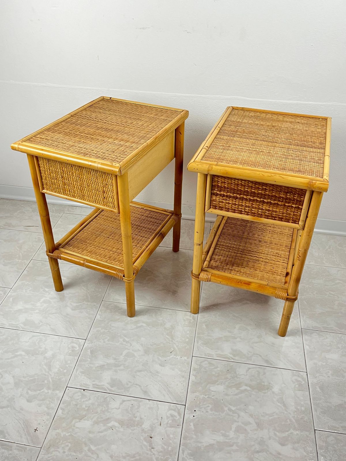Set Of 2 Mid Century French Riviera Wicker And Rattan Bedside Tables 1960s photo 1027.0