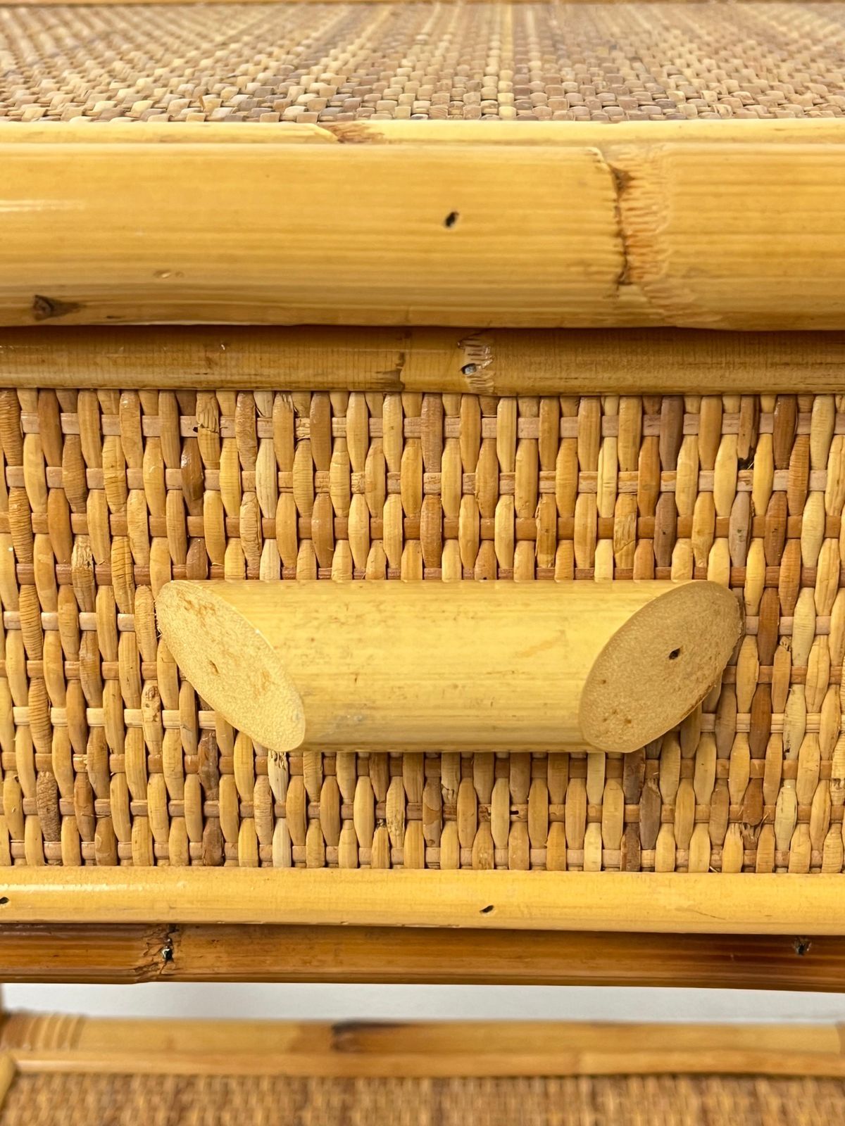 photo for sale Set Of 2 Mid Century French Riviera Wicker And Rattan Bedside Tables 1960s