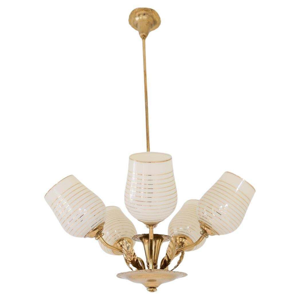 Mid Century Chandelier Lamp In Brass And Glass By Sario, Finland, 1950s
