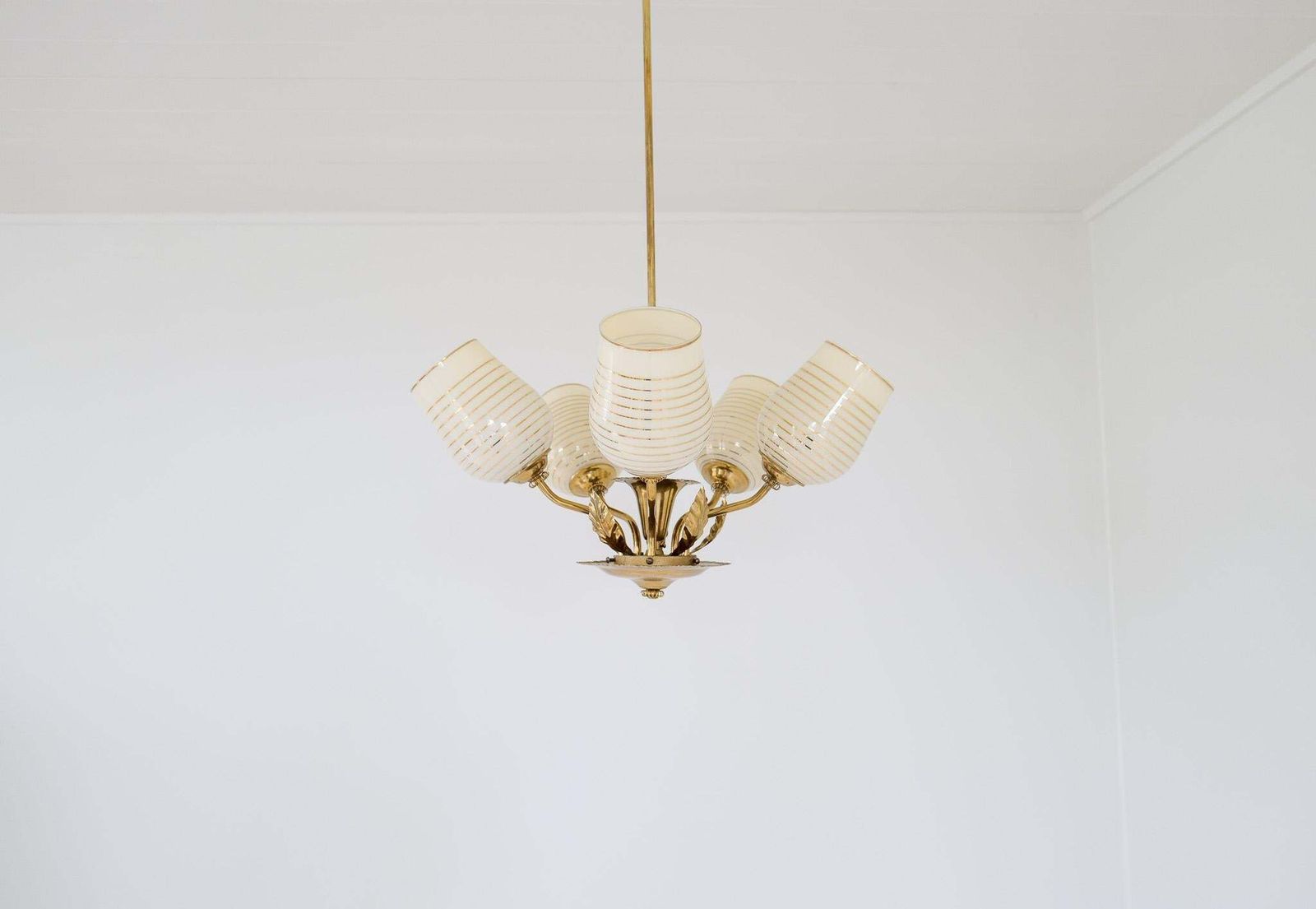 Mid Century Chandelier Lamp In Brass And Glass By Sario, Finland, 1950s photo Lighting