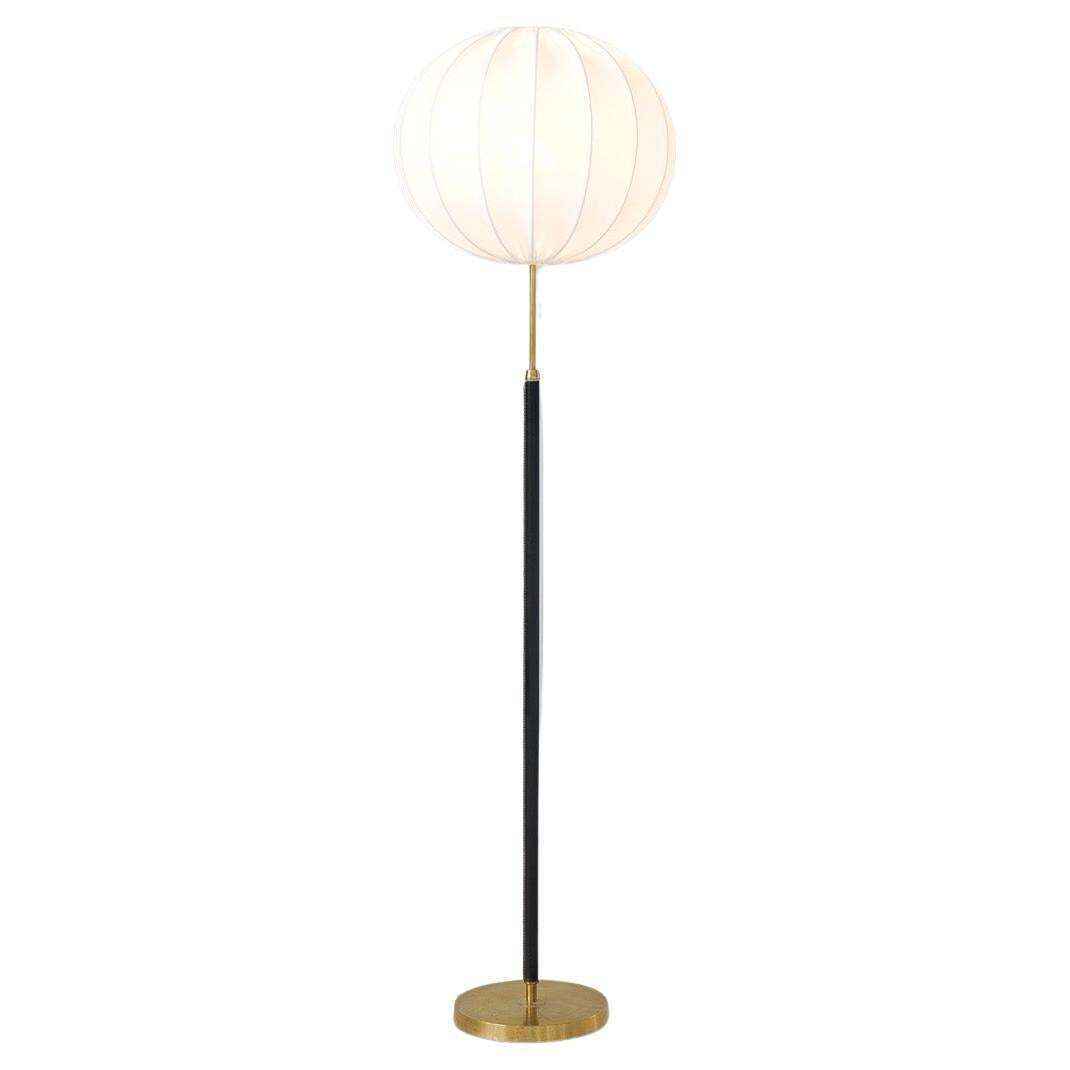 Mid Century Brass Black Leather Floor Lamp Falkenbergs Belysning, Sweden, 1960s