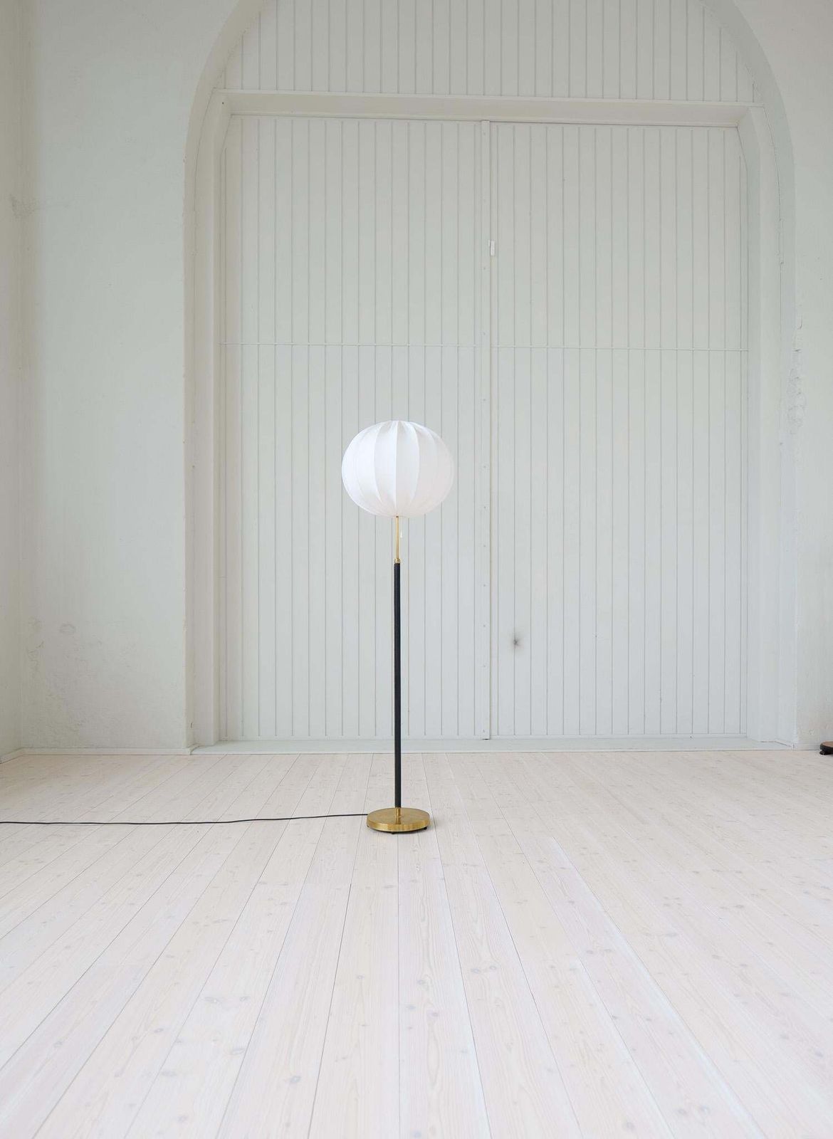 photo vinterior Mid Century Brass Black Leather Floor Lamp Falkenbergs Belysning, Sweden, 1960s