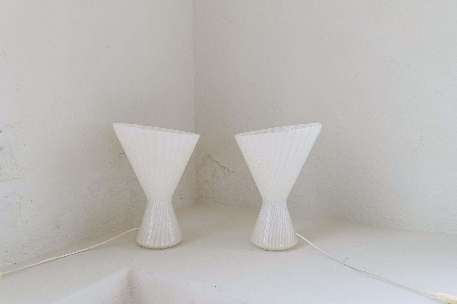 Pair Of Large Large Classic White Murano Table Lamps Italy 1970s photo vintage