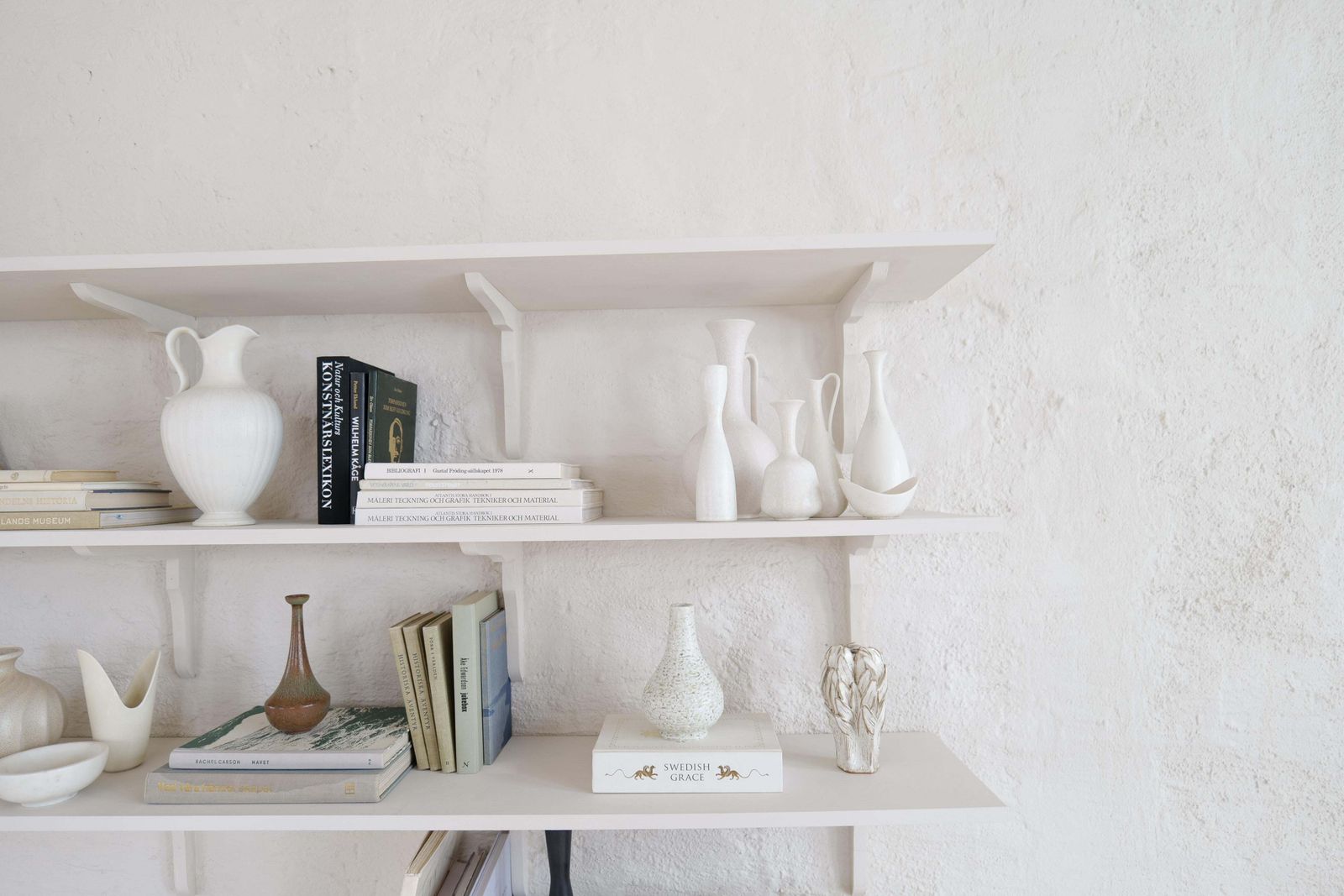 Midcentury Modern Groupe Of 6 White And Grey Vessels Rörstrand Sweden 1950 photo for sale