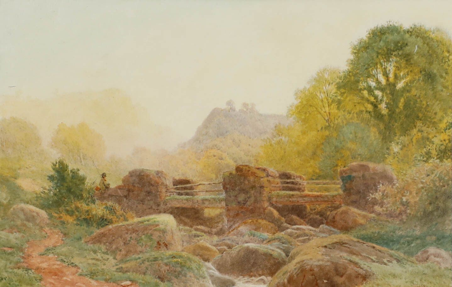 Henry Hilton (Fl.1879 1888)   Watercolour, Fishing From The Old Stone Bridge photo furniture