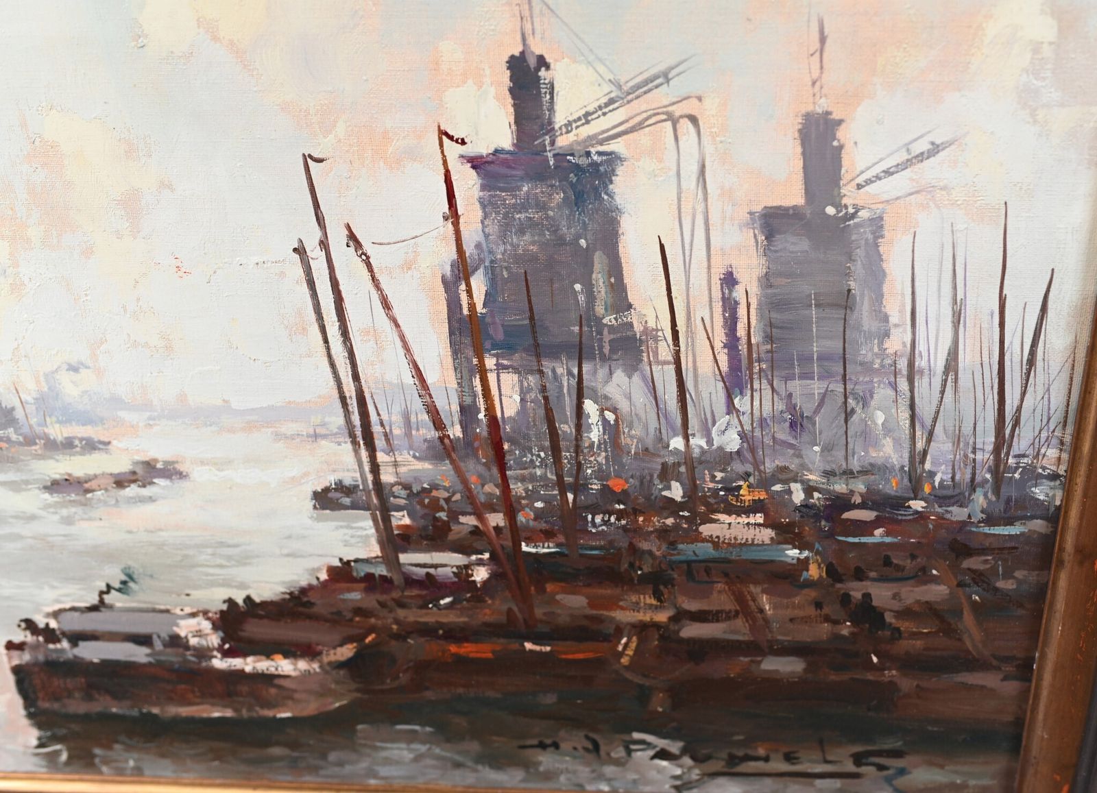 Oil Painting Ostend Maritime Ship Signed Pauwels Antique Art photo for sale