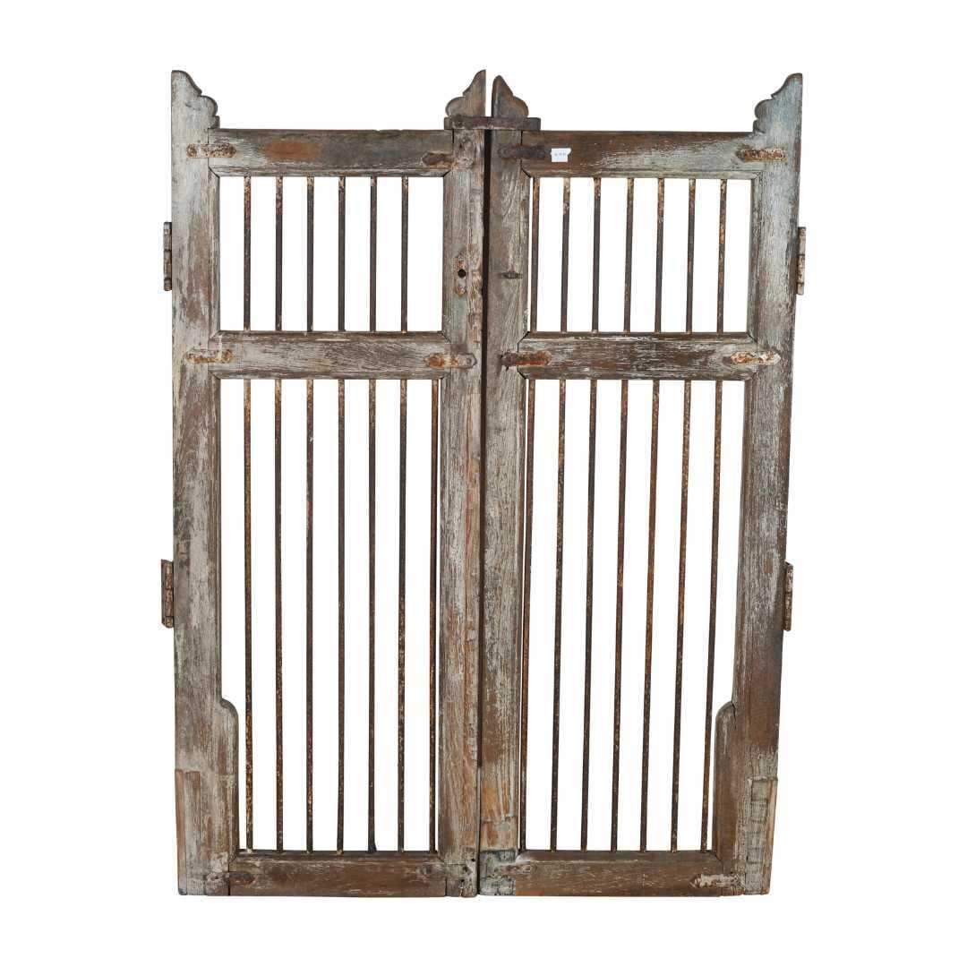Antique Indian Teak Dog Gates – Weathered Grey & Brown, Gujarat C.1880, Garden Entry Pair