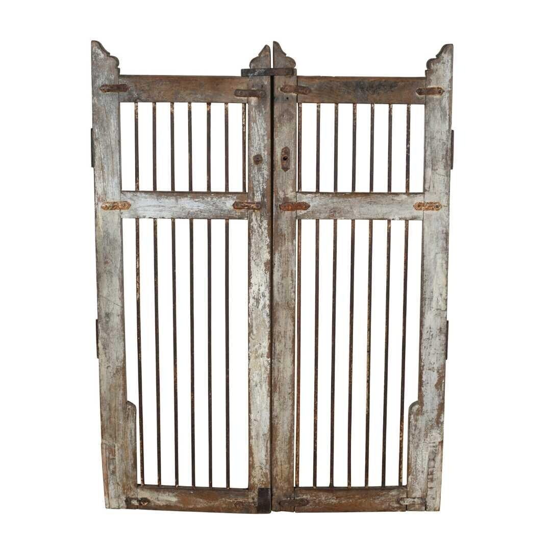 Antique Indian Teak Dog Gates – Weathered Grey & Brown, Gujarat C.1880, Garden Entry Pair photo for sale