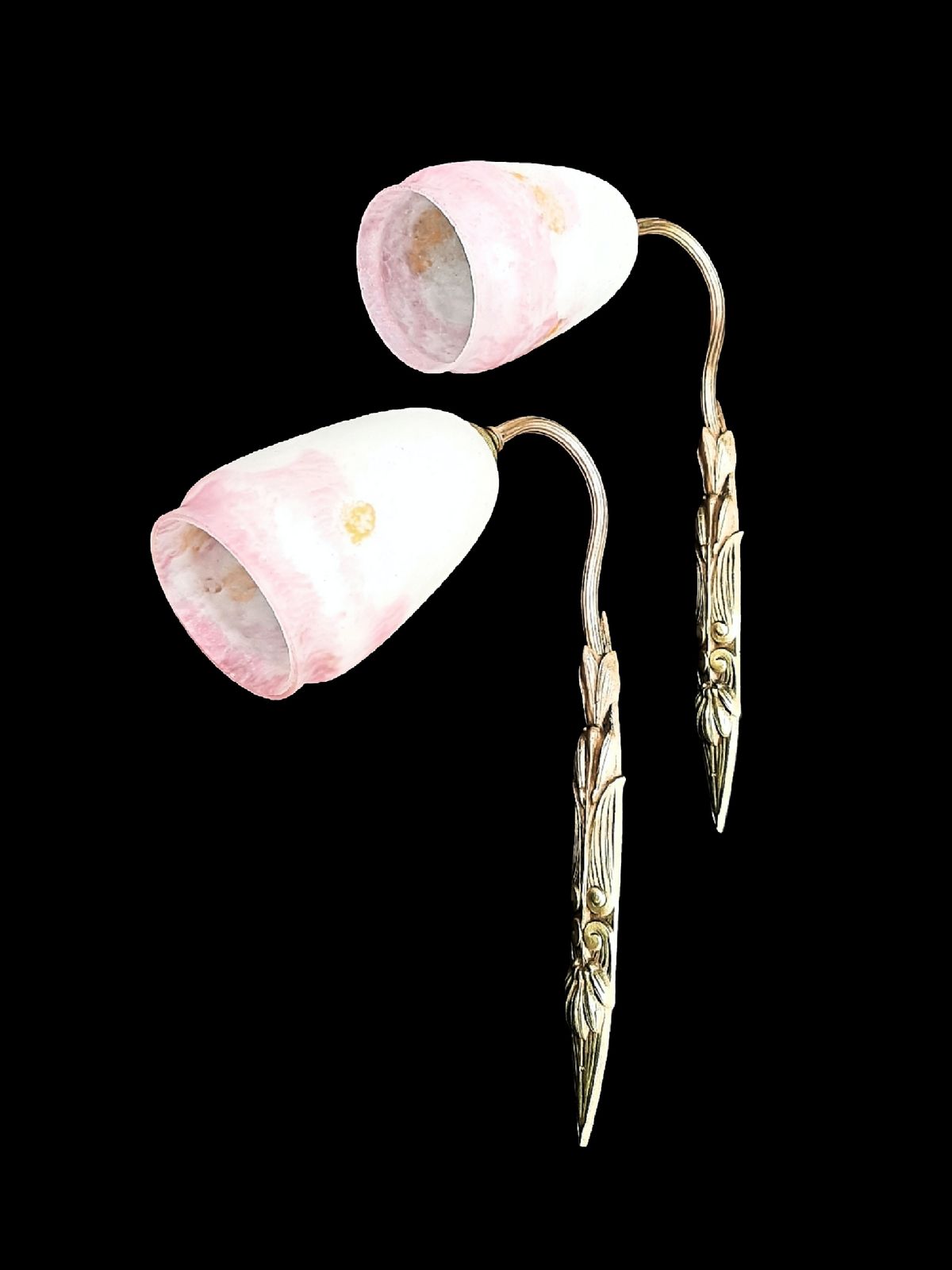 Pair Of Art Deco Wall Sconces Lovely Mottled Rose And Gold Shades Gilded Brass Fixtures France 1930s photo vinterior