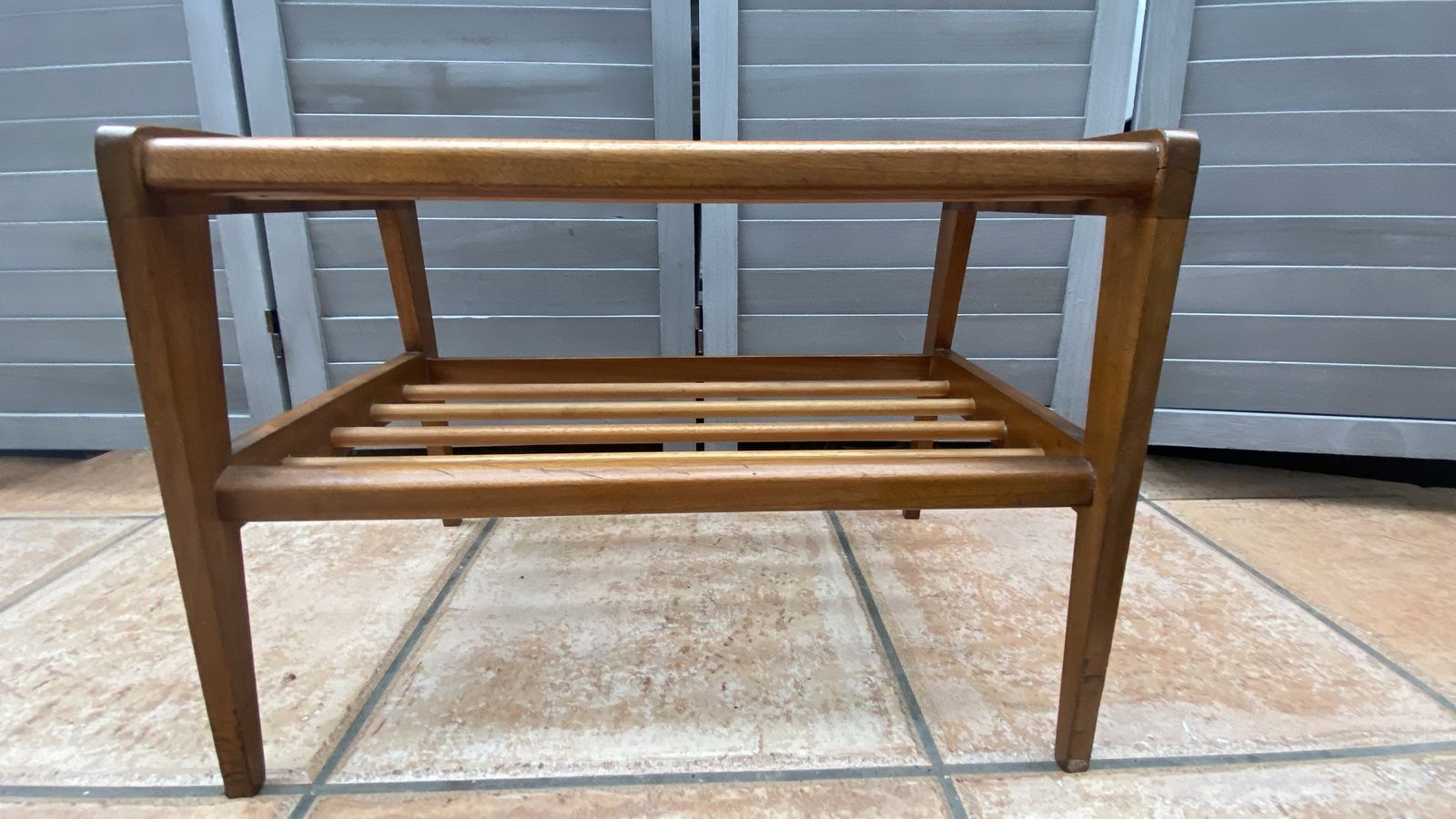 Danish Style Teak Glass Top Magazine Holder Side Table Wooden Slats Mcm