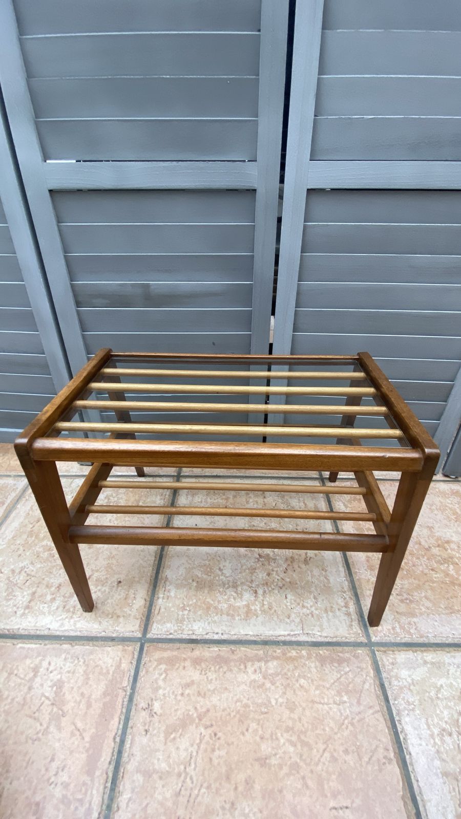 Danish Style Teak Glass Top Magazine Holder Side Table Wooden Slats Mcm photo furniture