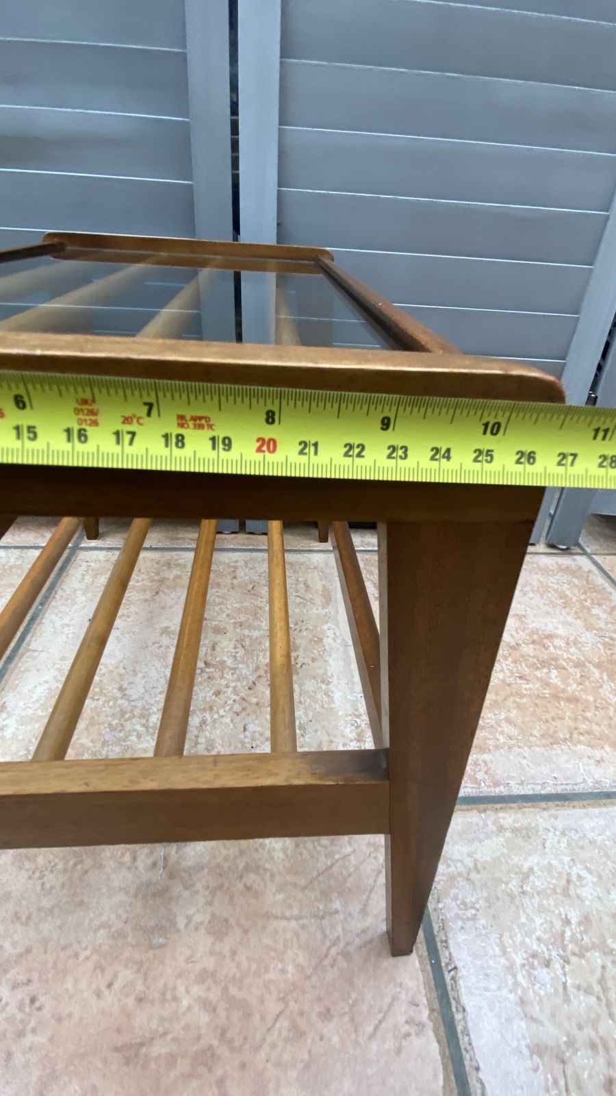 Danish Style Teak Glass Top Magazine Holder Side Table Wooden Slats Mcm photo vintage