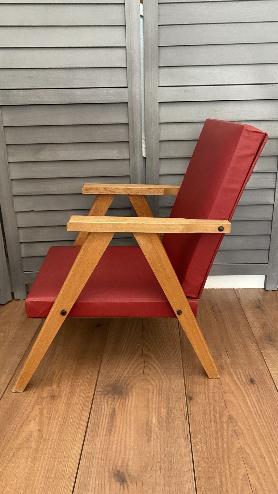 Vintage Mcm Danish Style Childs Chair Small Wooden Frame Lounge Red Vinyl photo for sale