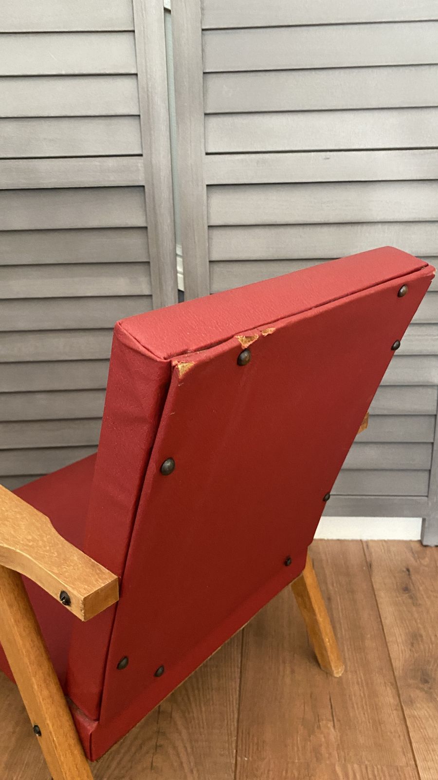 Vintage Mcm Danish Style Childs Chair Small Wooden Frame Lounge Red Vinyl photo Furniture