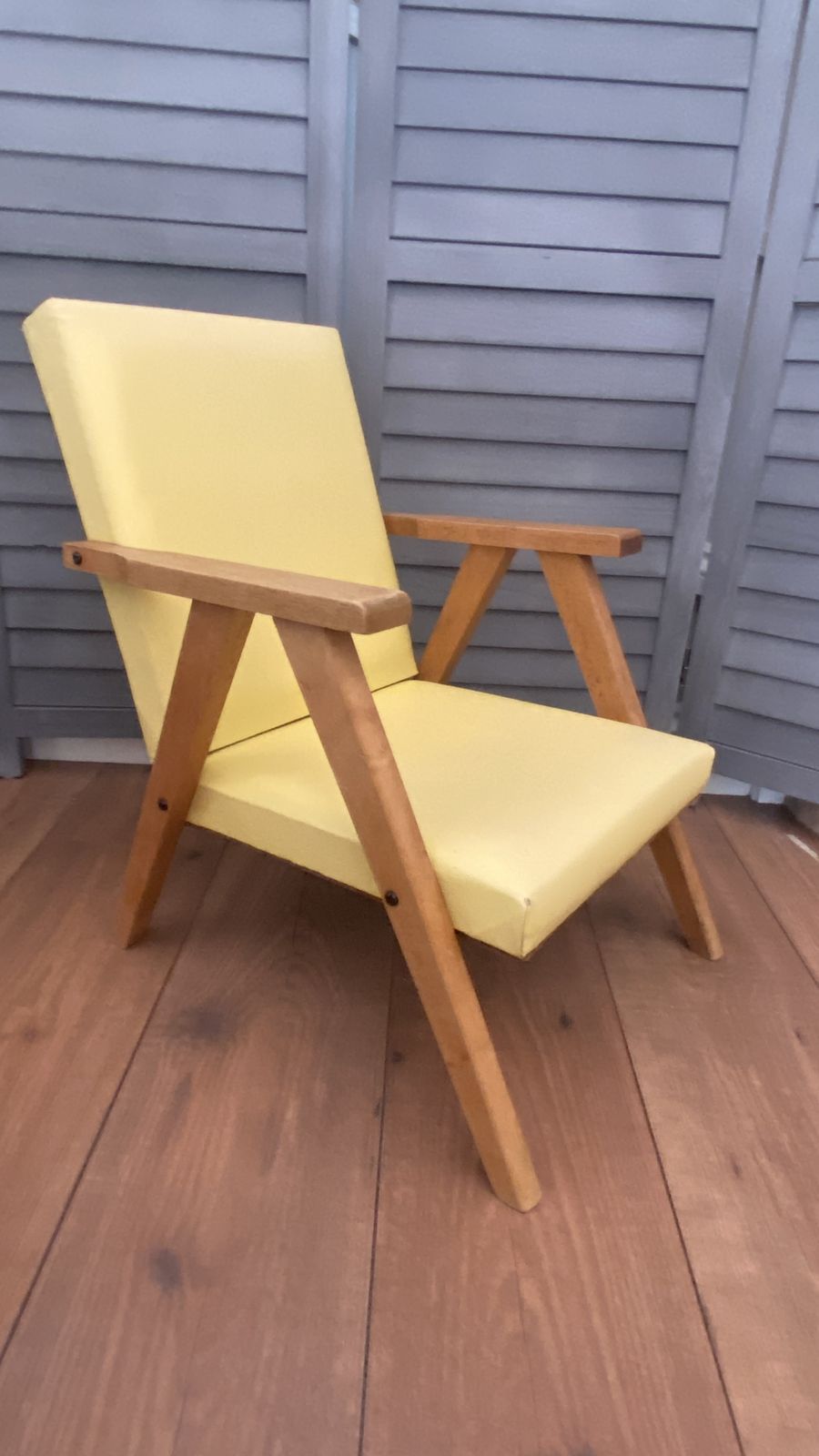 Vintage Mcm Danish Style Childs Chair Small Wooden Frame Yellow Vinyl photo Furniture